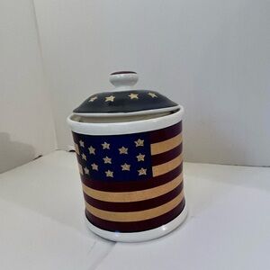 Liberty Canister(s) 7" H (includes lid) Jay Import Co Stoneware White Blue Red